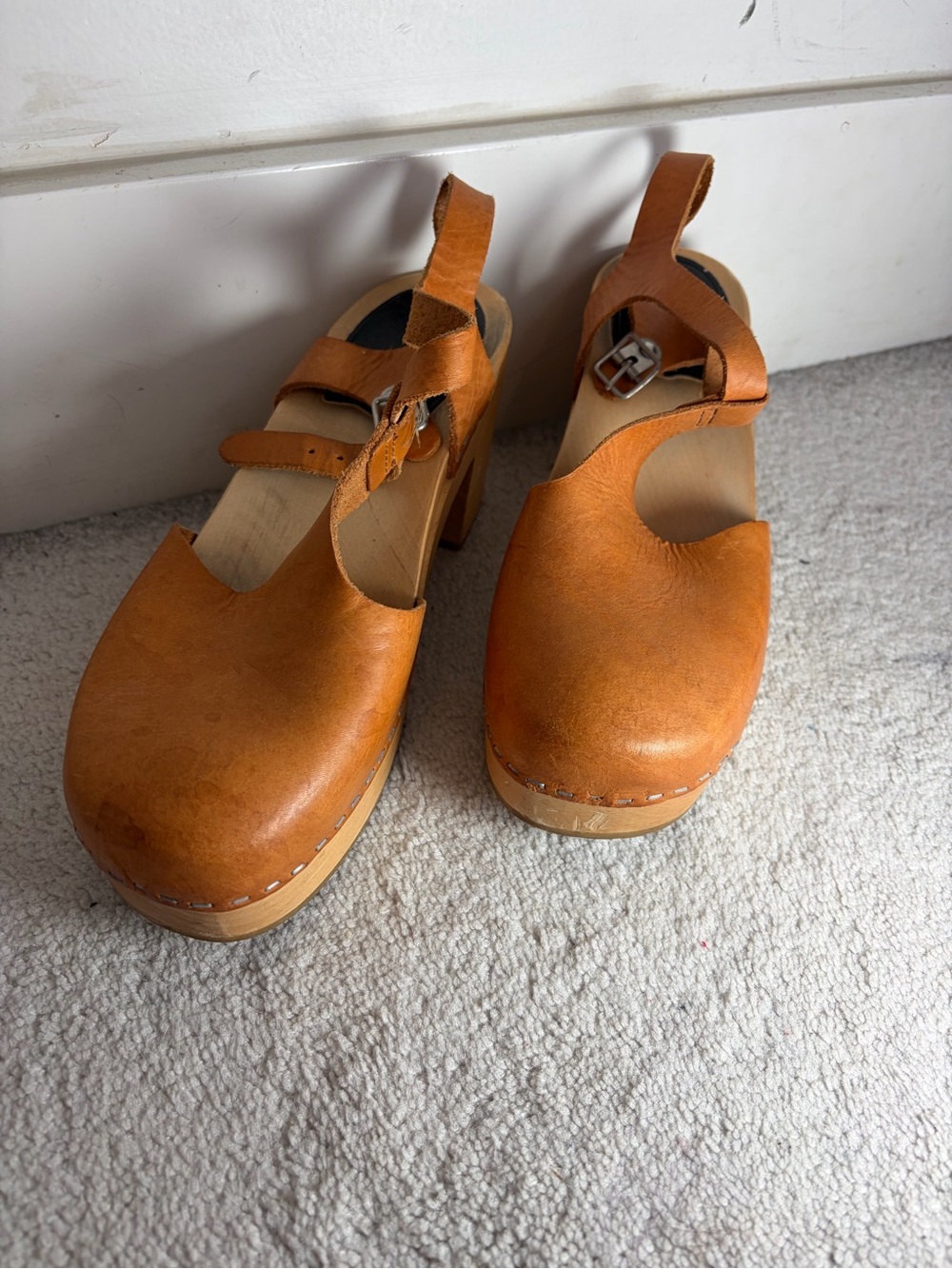 Swedish Hasbeens Women’s Tan Leather Clog Heels with Ankle Strap